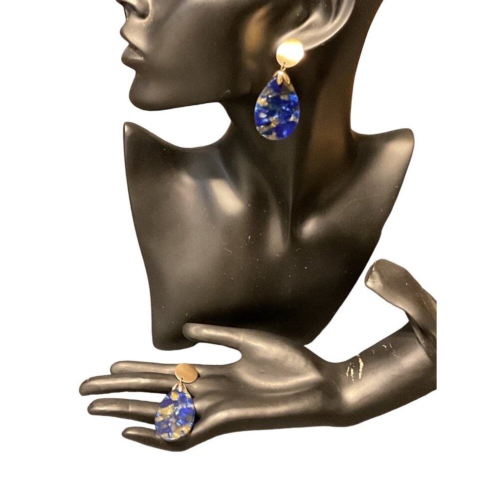 Blue Gold Resin Teardrop Earrings Statement Jewelry Unique Design